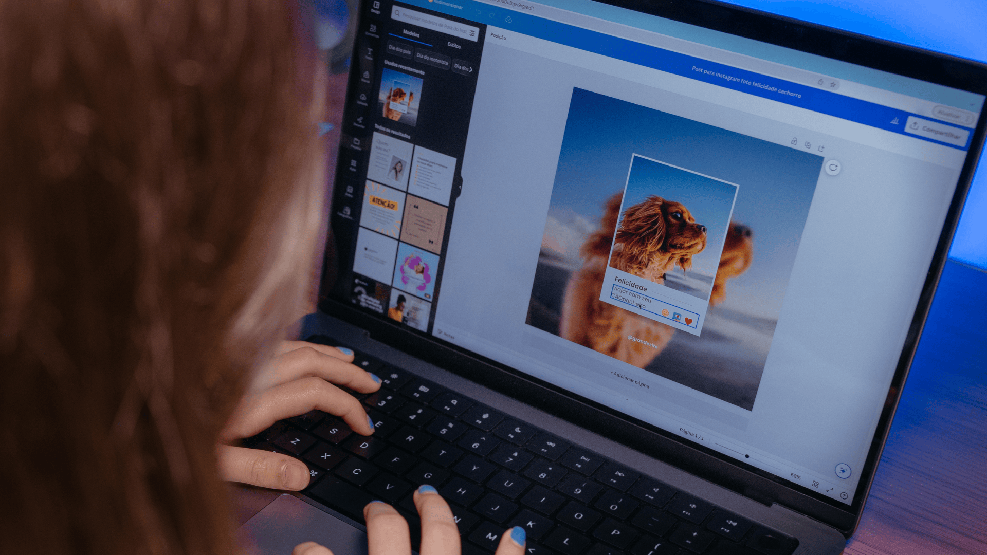 A person uses graphic design software on a laptop, editing a photo of a dog for Astoria Media Group’s digital marketing agency project.