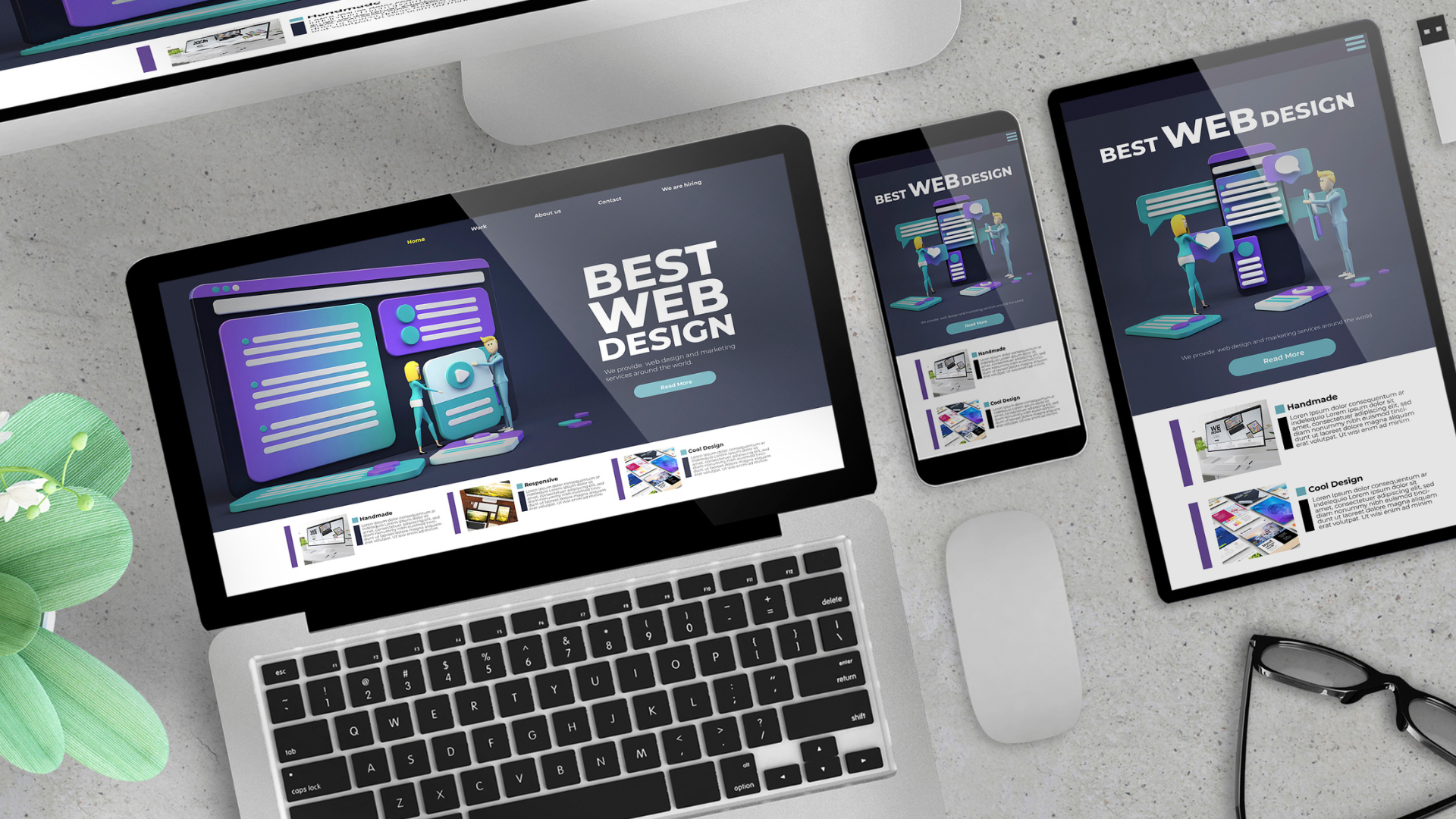 A desktop, laptop, tablet, and smartphone display the same web design homepage, showcasing a responsive website layout by Astoria Media Group, a leading digital marketing agency.