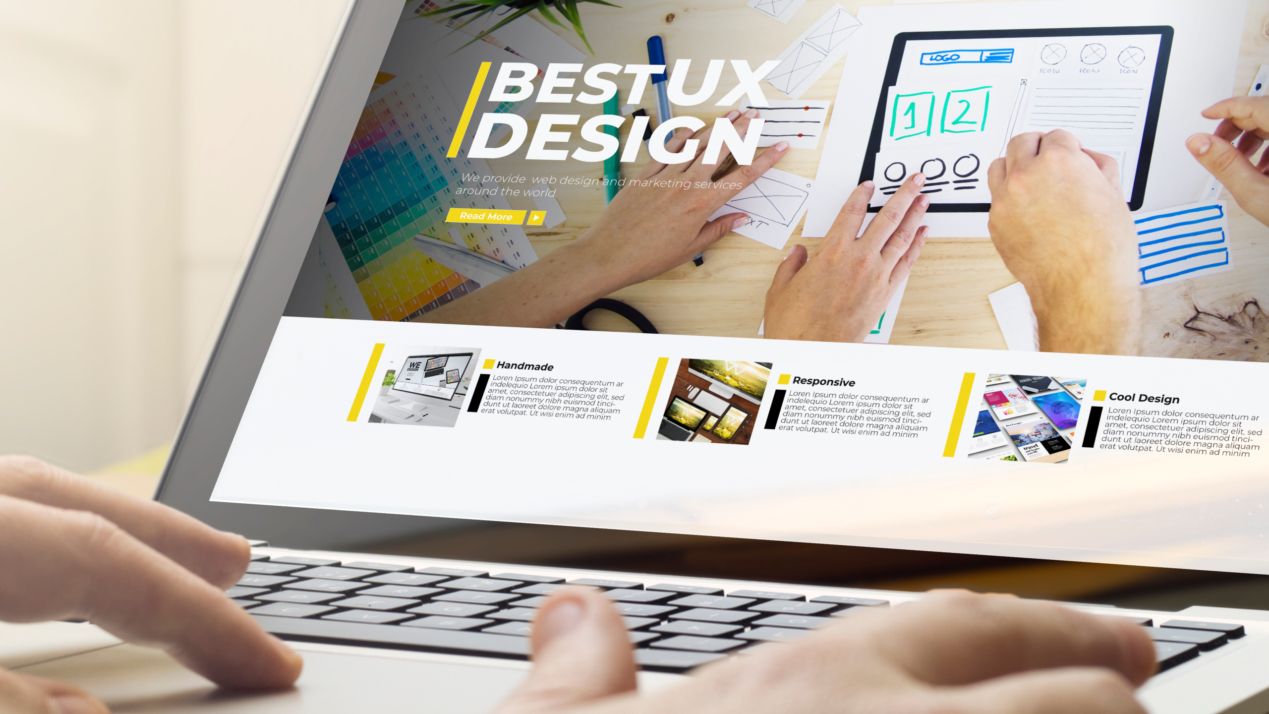 A person types on a laptop displaying a website about best UX design, featuring hands sketching interface designs—perfect inspiration for a digital marketing agency in Abilene Texas or anyone interested in WordPress development.