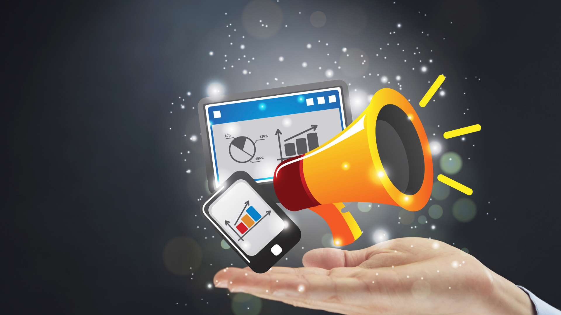 A hand holds digital icons of a megaphone, smartphone with graphs, and a screen with charts, representing the expertise of a digital marketing agency and data analysis in Abilene Texas marketing.