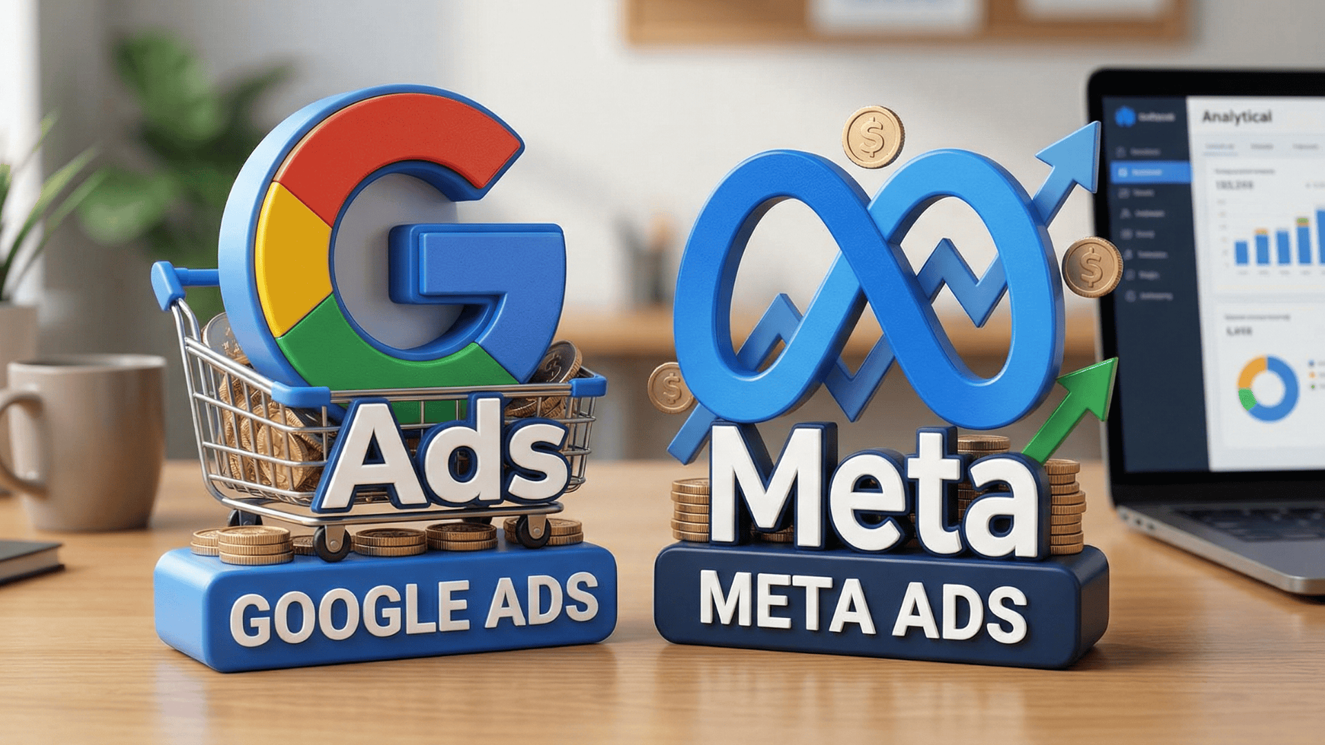 A side-by-side 3D comparison of the Google Ads and Meta Ads logos on a wooden office desk. The Google Ads icon is in a miniature shopping cart with gold coins, representing high purchase intent, while the Meta Ads icon features rising blue growth arrows and coins, representing brand discovery and scale.