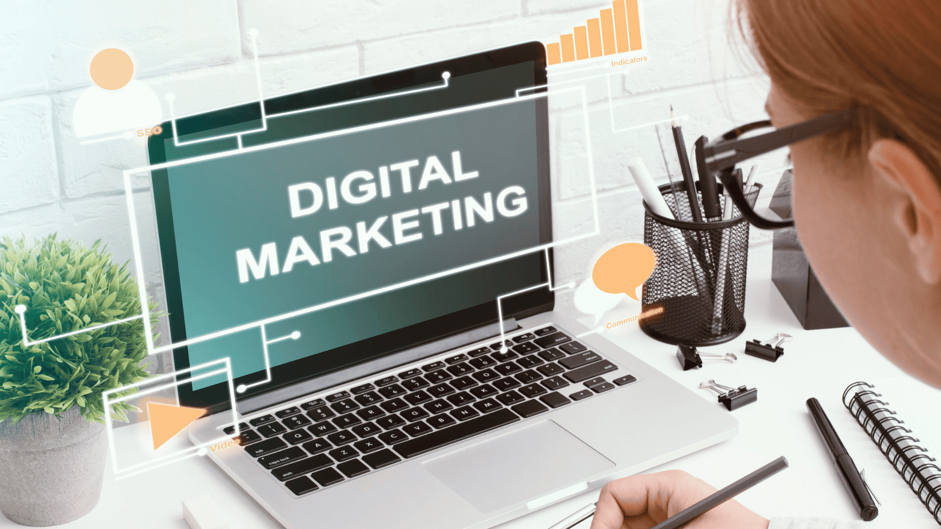 A high-tech digital marketing funnel on a sleek glass desk. The top of the funnel shows a stream of blue "Website Traffic" icons, which are filtered through layers of "AI Analysis" and "Lead Scoring" to emerge at the bottom as high-value, glowing "Qualified Leads."