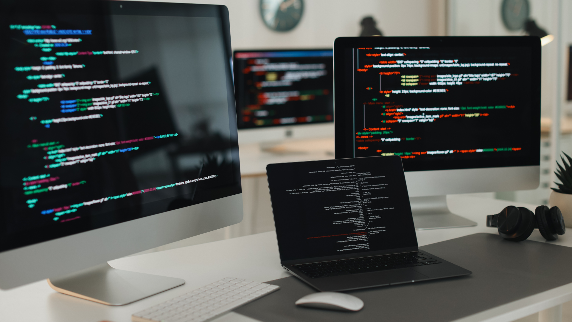 Three computer monitors and a laptop on a desk display colorful code editors, indicating a programming or software development workspace.