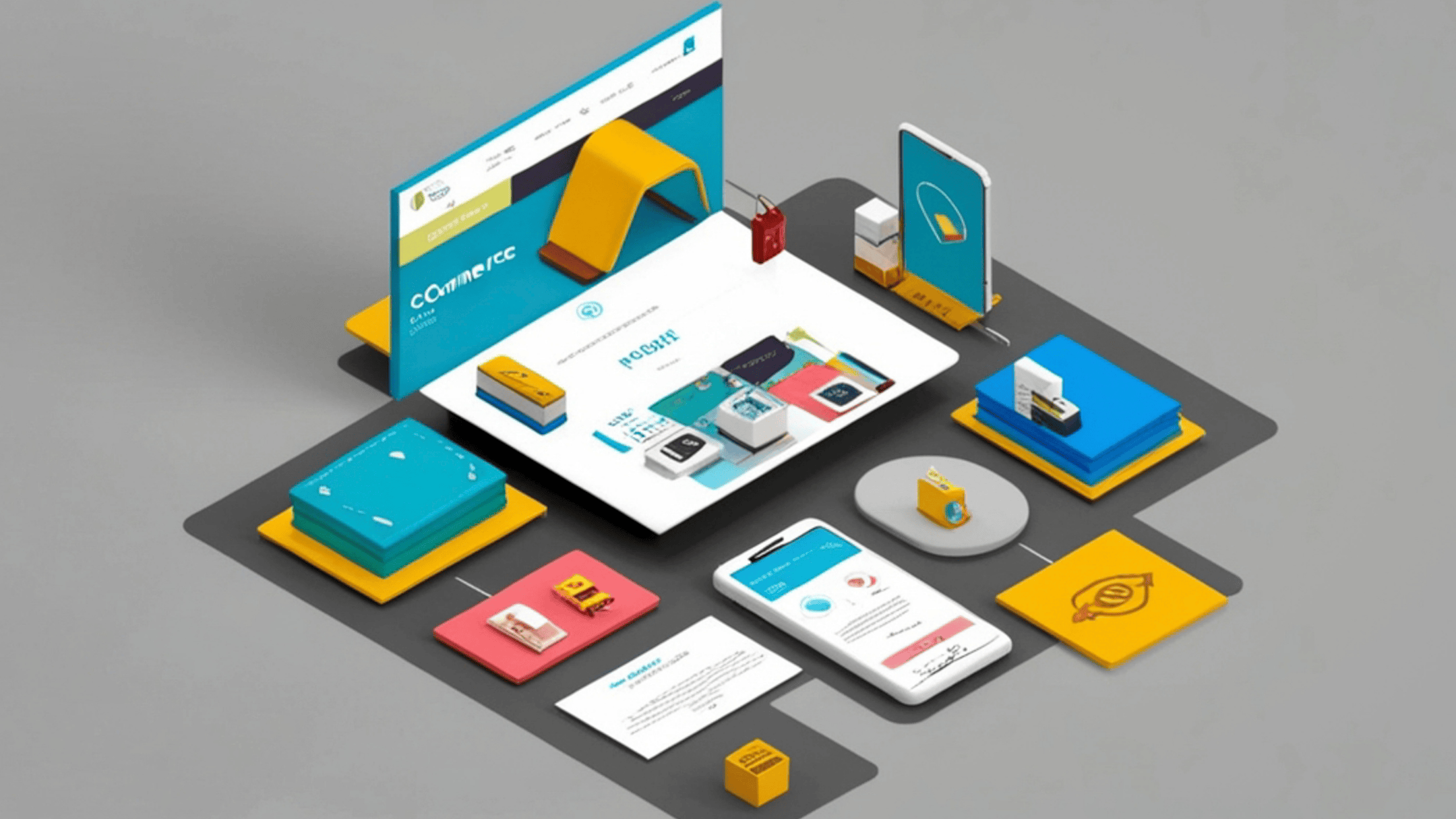 A 3D illustration of digital devices and UI elements, including a computer screen, smartphone, and tablets, arranged on a gray surface to represent a tech or e-commerce platform.