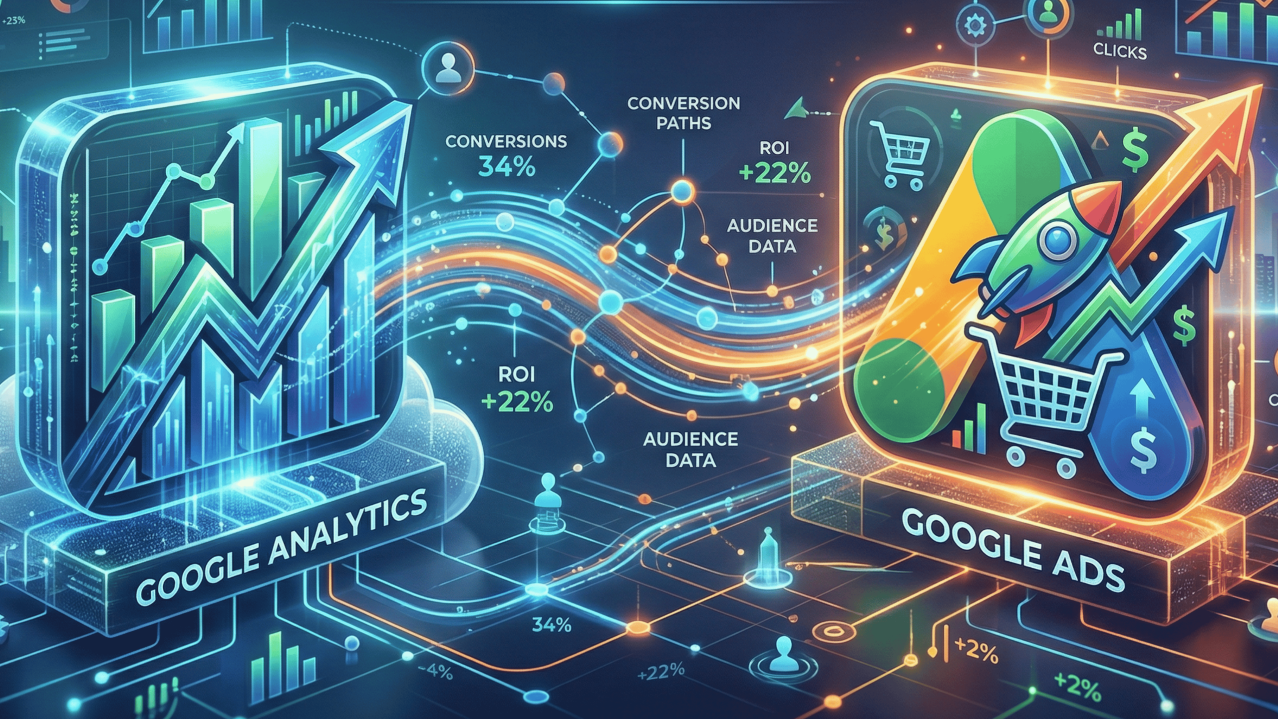 A side-by-side view of the Google Analytics 4 "Admin" panel and the Google Ads "Linked Accounts" menu. A digital bridge connects the two, with icons representing the flow of conversion data and audience lists from GA4 into the Google Ads campaign manager.
