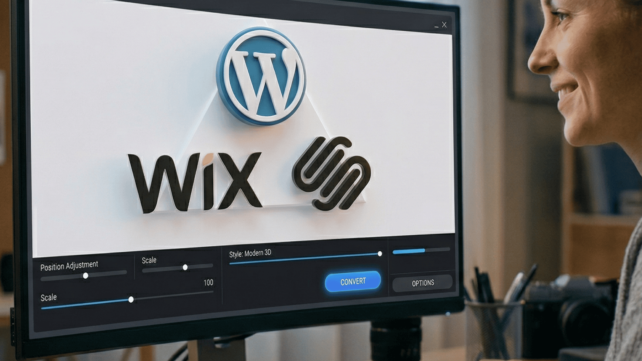 A high-level infographic summarizing the comparison between WordPress, Wix, and Squarespace website platforms for business use, presented as 3D app icons in a triangular formation on a computer monitor.