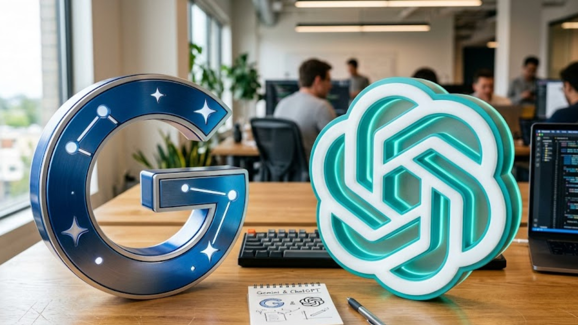 A split-screen 3D graphic: On the left, the Gemini icon glows over a structured data grid (representing Google Workspace and live search); on the right, the ChatGPT icon sits atop a neural network of creative nodes (representing reasoning and long-form synthesis).